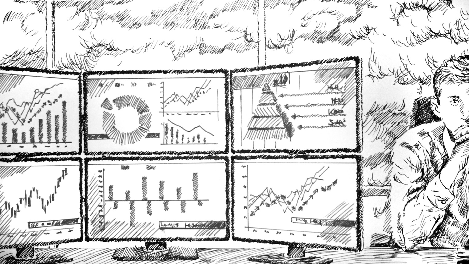 Image shows various screens with different graphics and a person