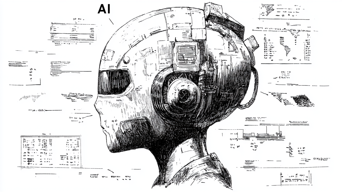 Robot head, various graphics and lists in the background