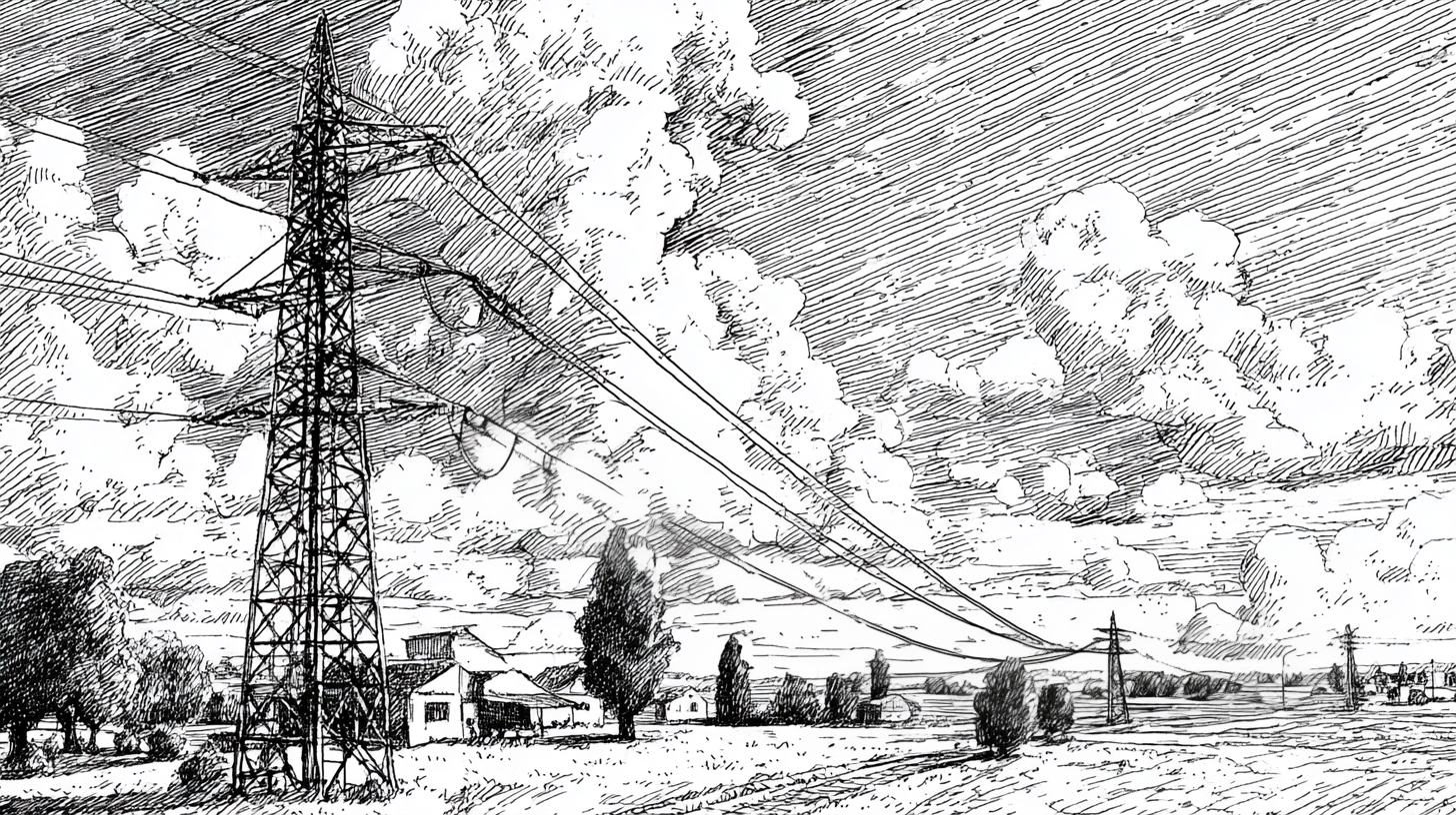 A power line with several high-voltage pylons runs through a flat, rural landscape..