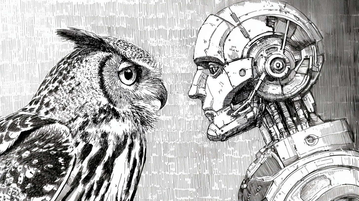 Eine Eule und ein Roboter blicken sich an.
