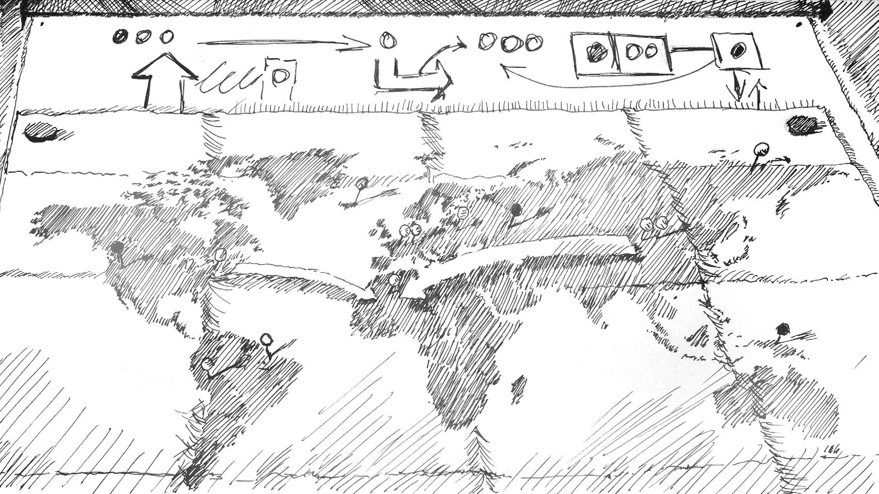Eine Weltkarte zeigt mit Pfeilen und Stecknadeln mögliche Zusammenhänge auf.